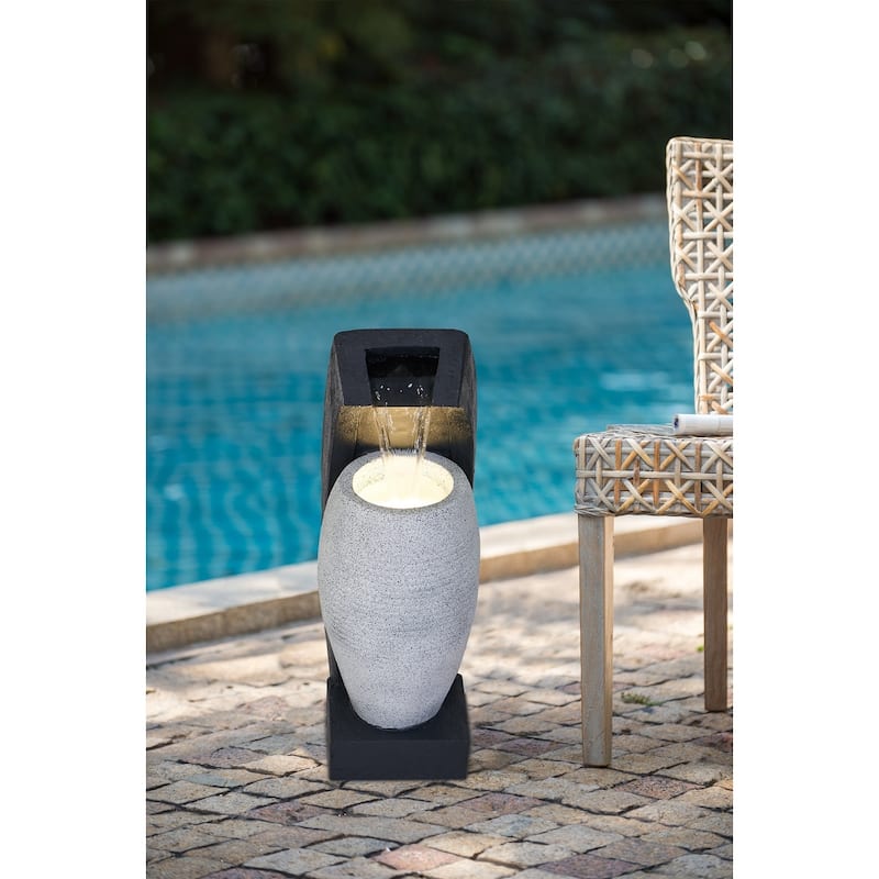 10x8.1x23.4" Black and White Water Fountain with Vase Design, with Light and Pump, for Indoor and Outdoor