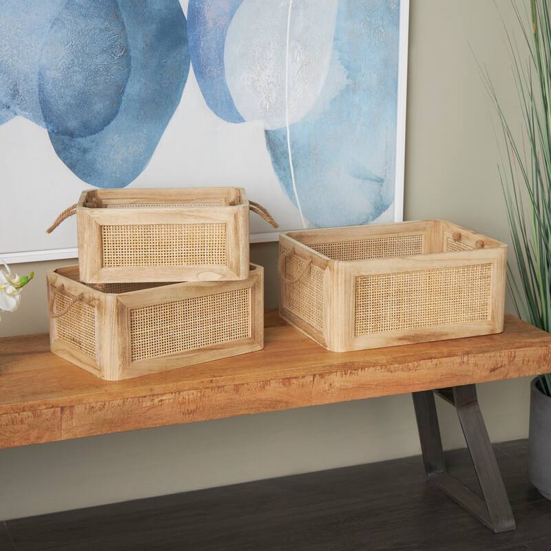 Light Brown Wood Storage Basket with Rope Handles (Set of 3)