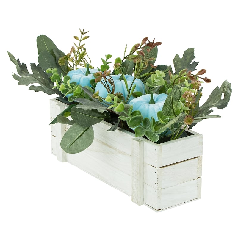 Fall Harvest Foliage and Pumpkins In Wooden Planter - 18" - Blue