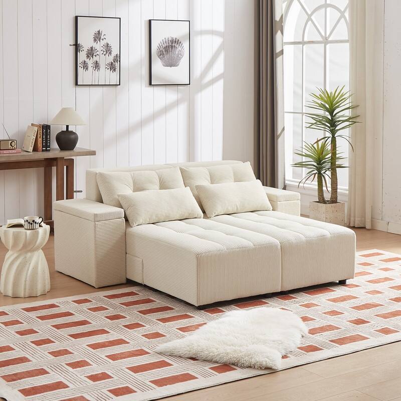 111" Convertible Corduroy 3-in-1 Sofa Bed and Sectional Sofa with Storage, 4 Pillows