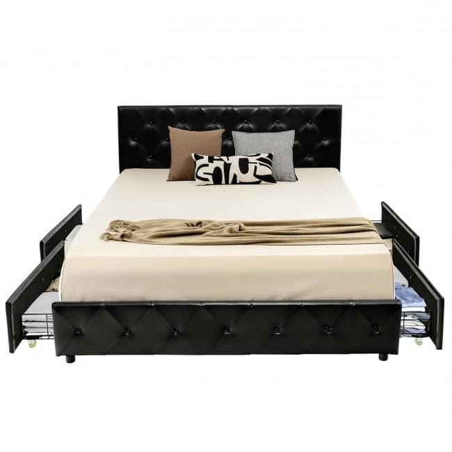 Black PU Leather Button Tufted Platform Bed with 4 Storage Drawers