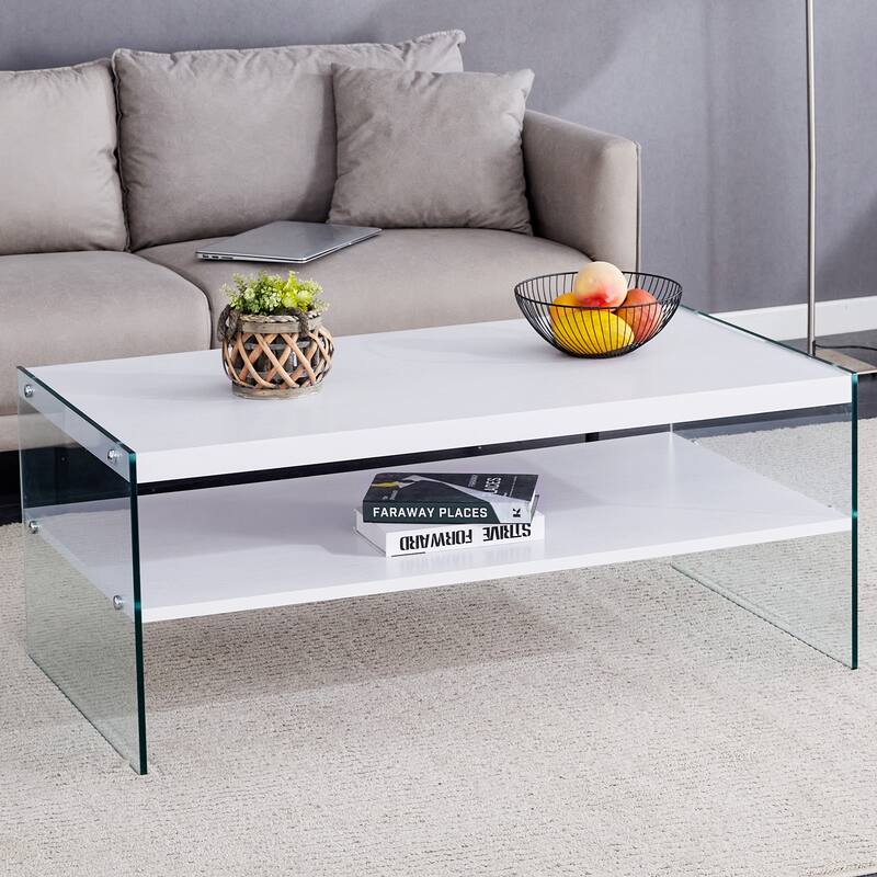 Double Layered Rectangular Coffee Table, Made Of MDF With Wooden Stickers, With Transparent Tempered Glass On Both Side