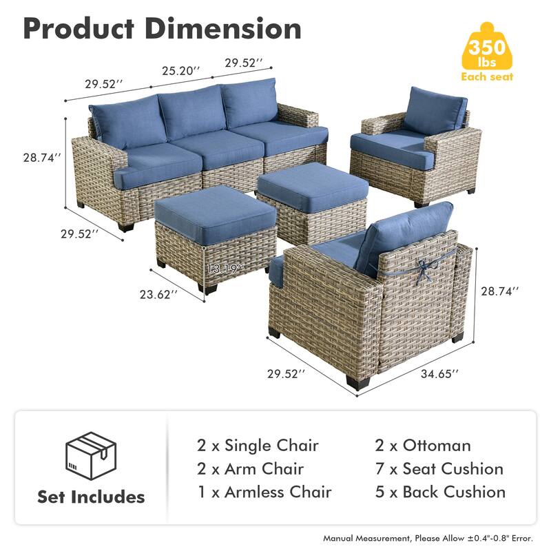 XIZZI 7 Pieces Patio Furniture Wide Armrest Conversation Sofa Set with Ottomans