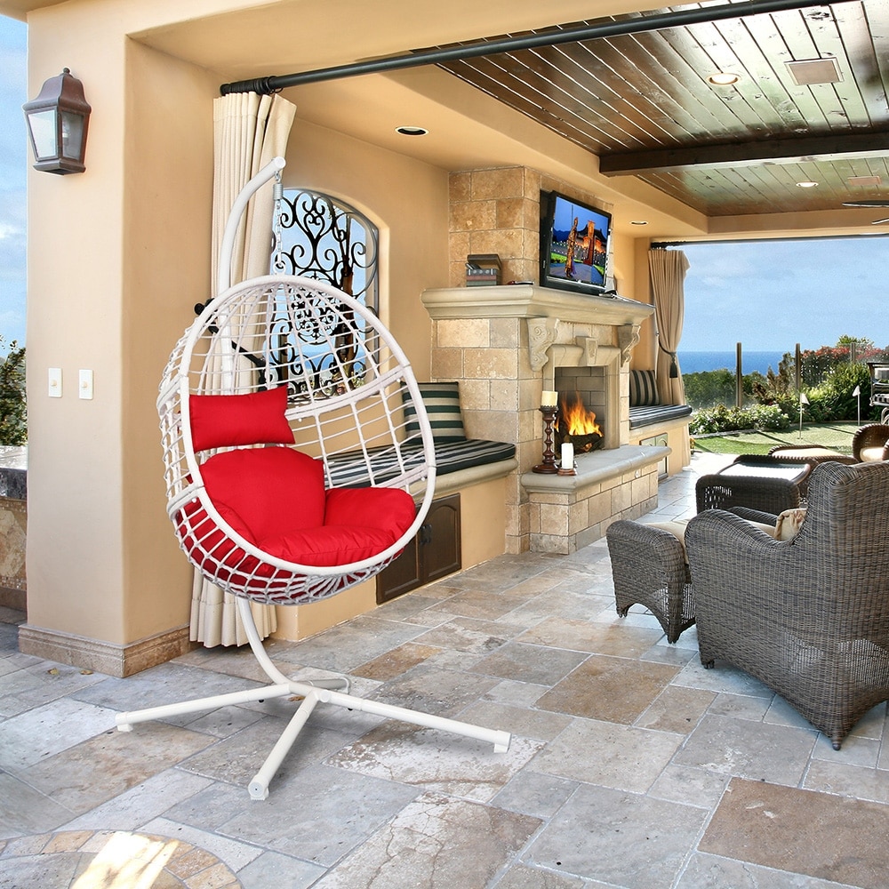 Agats Wicker Basket Swing Chair with Red Cushions by Havenside