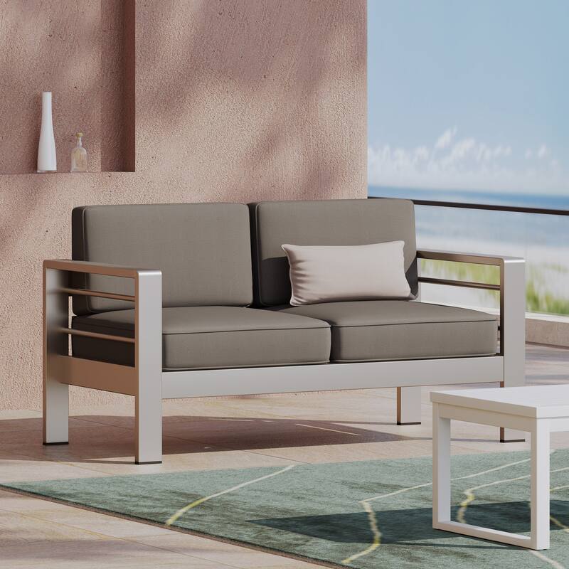Cape Coral Aluminum Outdoor Loveseat by Christopher Knight Home - Silver+Gray