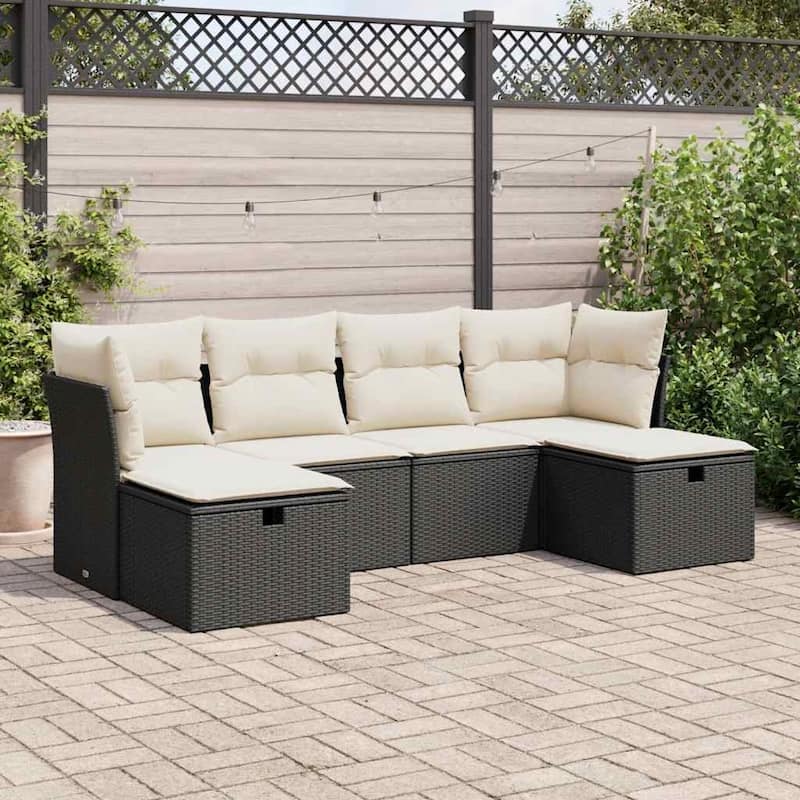 vidaXL Patio Sofa Set with Cushions Outdoor Furniture 6 Piece Poly Rattan - Black and cream with storage & bag