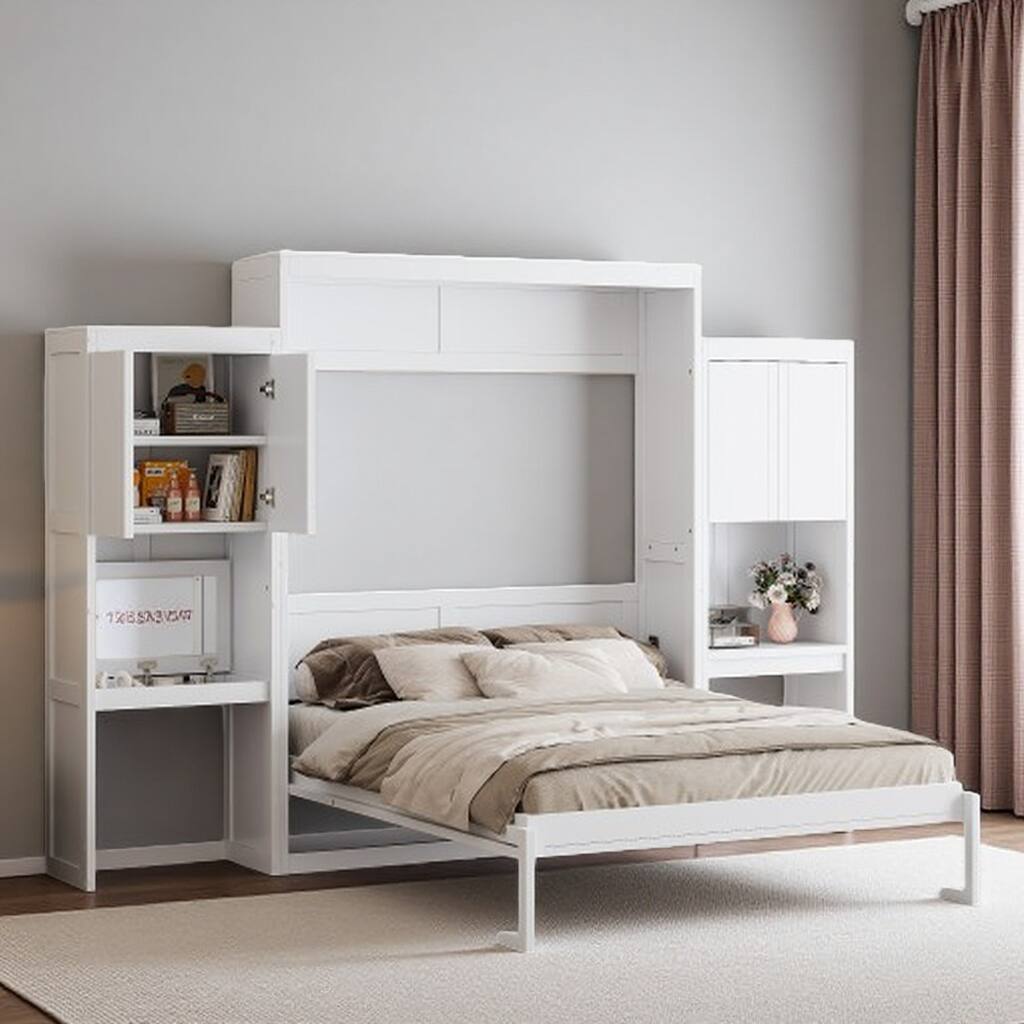 Queen Murphy Bed with Fold-Out Desk, Flip-Up Vanity Mirror, and Storage Cabinets, Space-Saving Design