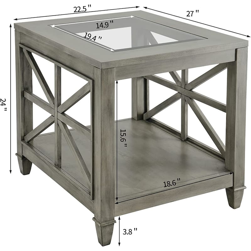 Solid Wood Farmhouse Square End Table with Tempered Glass Top