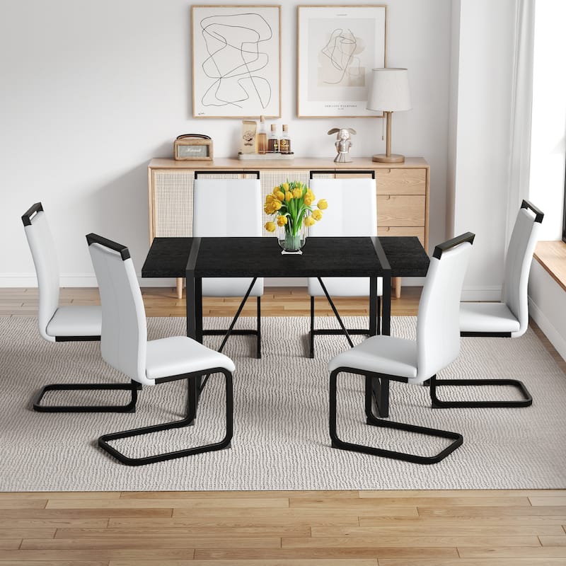 5/7-Piece Dining Table Set with PU Chairs, Modern Rectangular Dining Room Table Set for 4-6 People