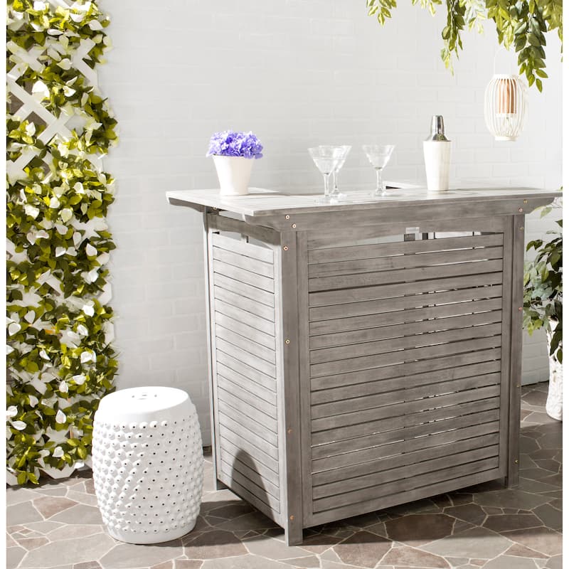 SAFAVIEH Outdoor Kaiya Wood 3-Shelf Bar Table - 27Wx46Dx42H - Grey Wash