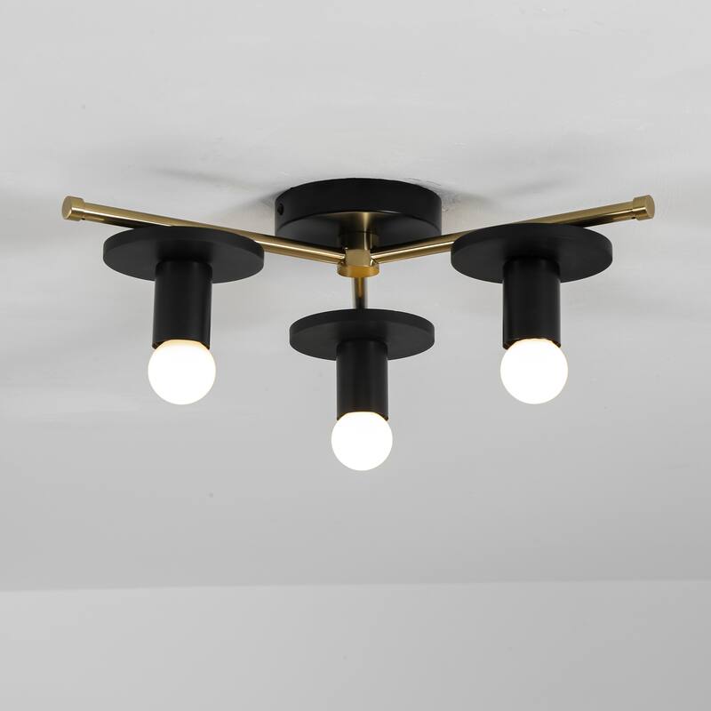 3-Light Modern Green/Black Sputnik Metal Wooden Semi-flush Mount Ceiling Light for Living Room