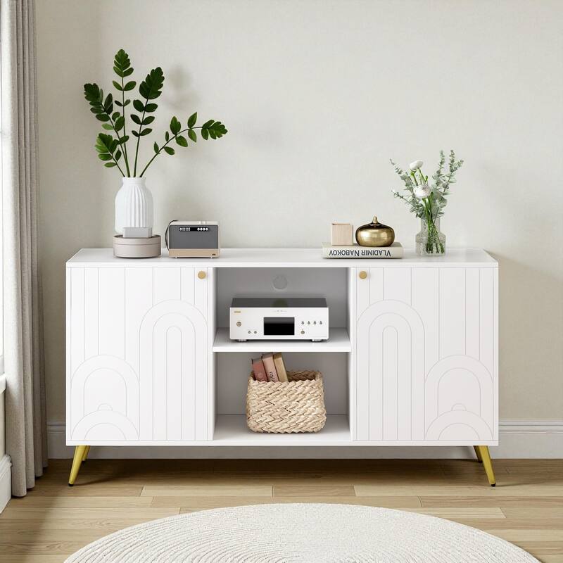 Modern 53'' TV Stand for TVs up to 55'', Media Console with Adjustable Shelf, Metal Legs & Handles, Anti-Tip Device