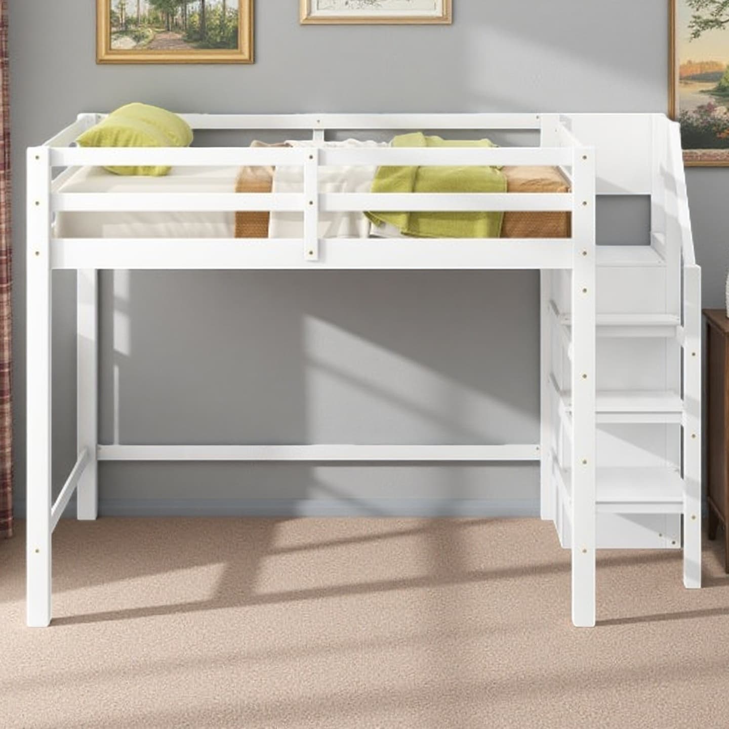 Full Size Loft Bed with Built-in Wardrobe Closet, Storage Staircase, Solid Pine Frame, Space-Saving Design