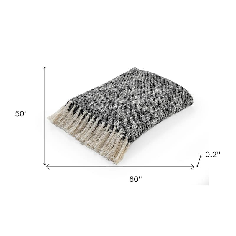 50" X 60" Black and White Woven Cotton Throw Blanket with Fringe