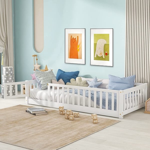 slide 2 of 80, Twin/Full/Queen Size Floor Bed with Safety Guardrails, Toddler Floor Bed for Girls and Boys White - Twin