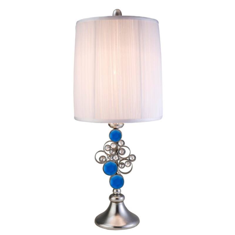 Silver Metal Bedside Lamp with White Pleated Cotton Drum Shade 3 Way Switch - 12” x 12” x 21” (D x W x H)