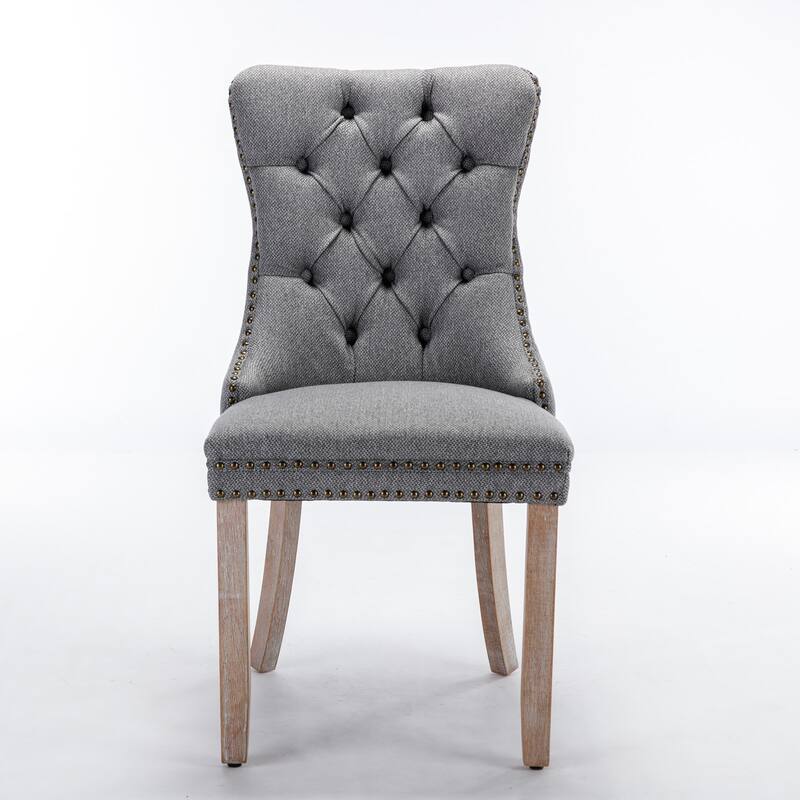 High-end Tufted Solid Wood Contemporary Flax Upholstered Linen Dining Chair with Wood Legs Nailhead Trim 2-Pcs Set,Gray