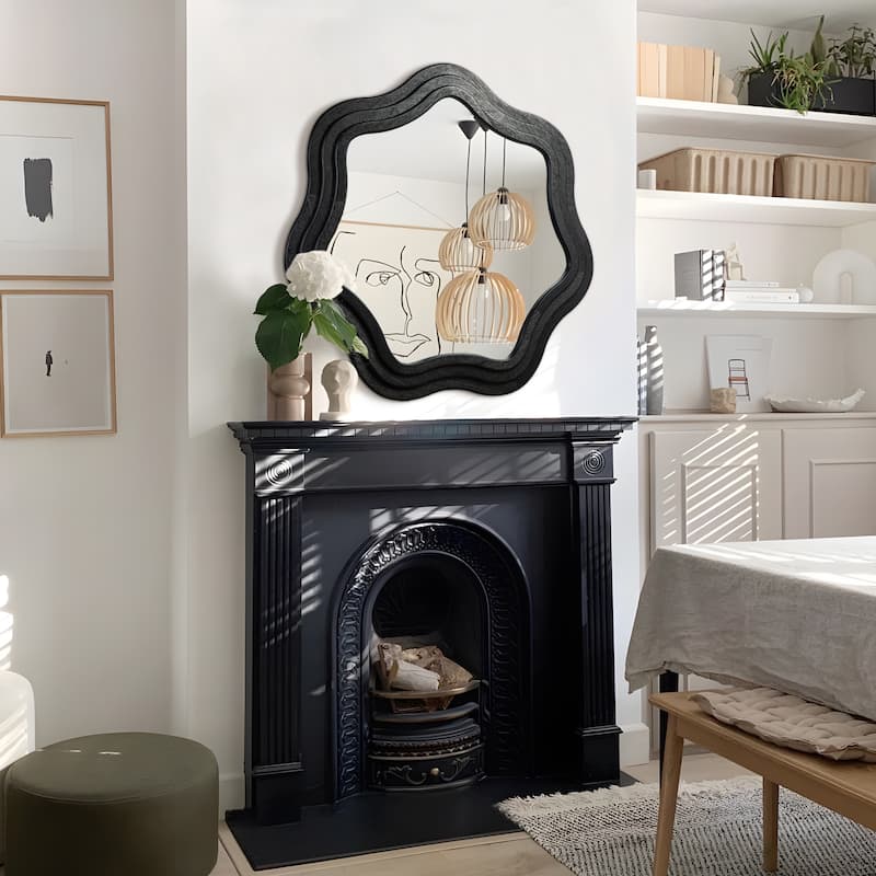 Glitzhome 33.5"D Modern Black Tripled Wood Frame Wavy Wall Mirror