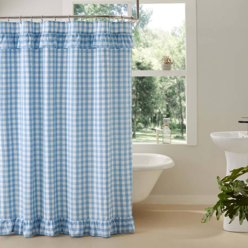 Annie Buffalo Blue Check Ruffled Shower Curtain 72x72 - BLUE - 72x72