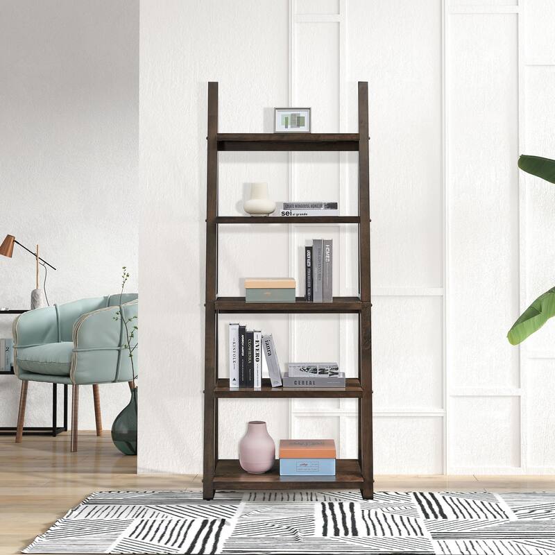 5-Tier Shelves,Bookshelf, Storage Rack, Bookcase with Rubber Wood Frame, Ladder Shelf for Living Room, Home Office