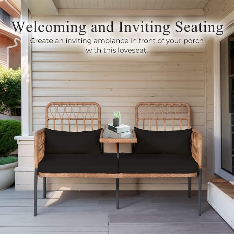 Outdoor Woven Rattan Loveseat Conversation Furniture Set with Cushions