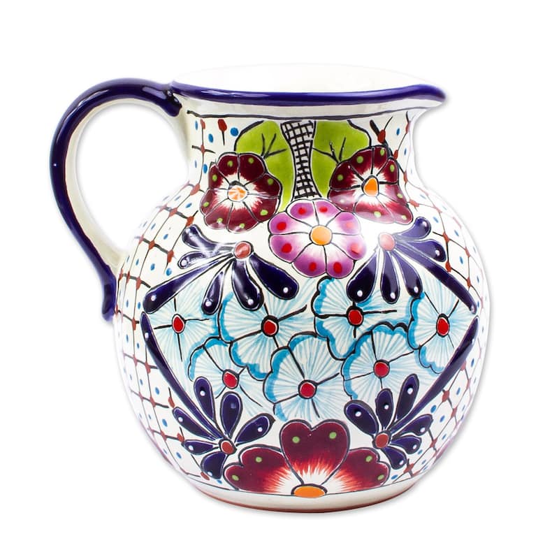 NOVICA Artisan Handblown Ceramic Pitcher Colorful Talaverastyle Multicolor Mexico Tableware Drinkware 'Colors Of Mexico'