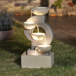 Grey Curves and Cascading Bowls Resin Outdoor Fountain with LED Lights