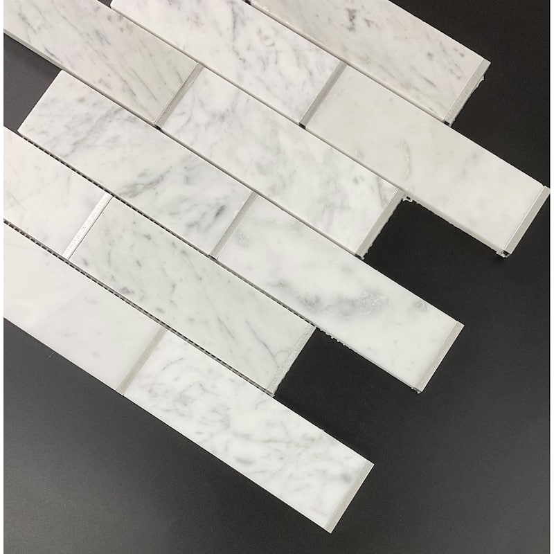 White Carrara and Silver Metal Brick Marble Wall and Floor Mosaic - Case (10 Sheets)