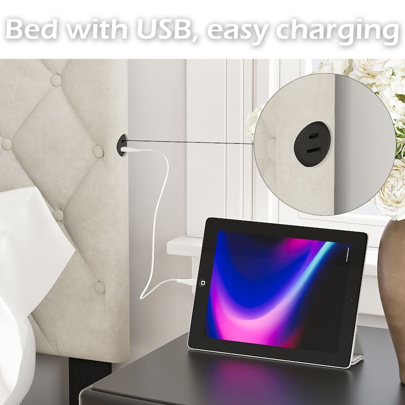 Heavy Duty Queen Upholstered Bed with 2 USB Ports,380GSM Headboard,TB117 Safe,Off-white
