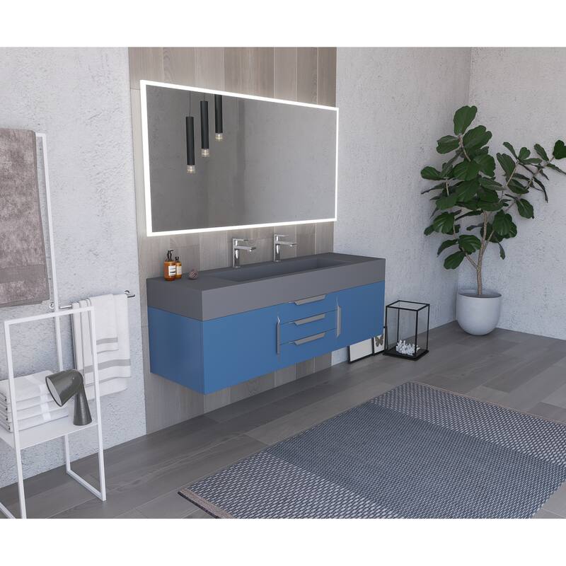 Nile 60" Wall Mounted Bathroom Vanity Set with Gray Solid Surface Top