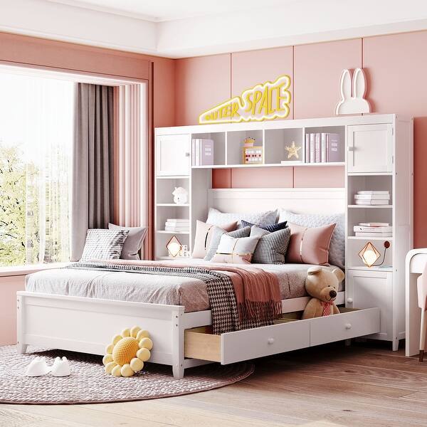 slide 2 of 36, Full Size Platform Bed with Storage, Wooden Bedframe w/All-in-One Storage Cabinet & 4 Drawers Underneath for Kids/Teens/Adults White - Full