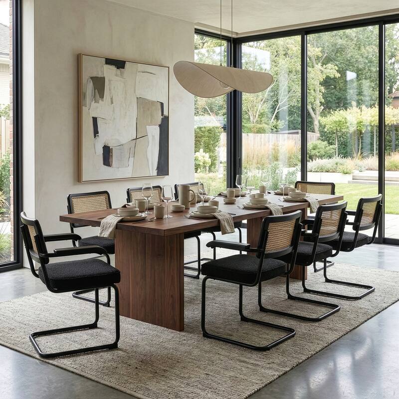 Set of 2 Azra Black Boucle Dining Chair with Rattan Backrest and Black Iron Legs