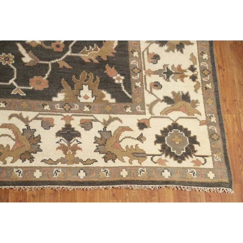 Brown Floral Oushak Indian Area Rug Hand-Knotted Wool Carpet - 9'3" x 12'0"