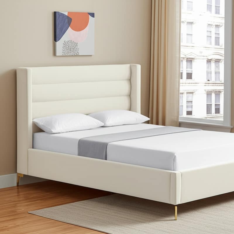 HomeRoots Cream Velvet Upholstered Full Bed Frame - Queen - White