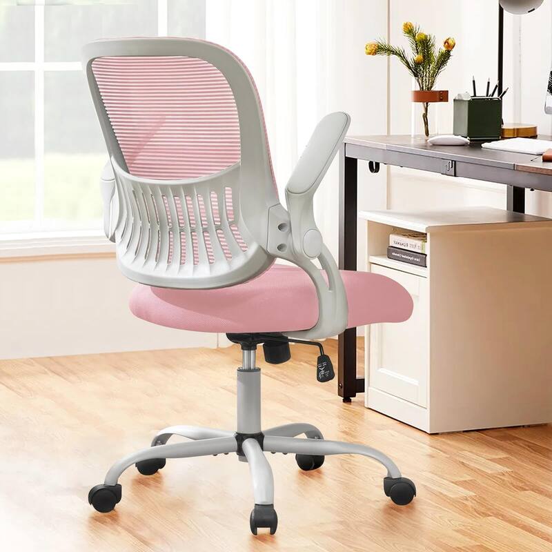 Mesh Adjustable Height Ergonomic Office Chair Mid-Back Swivel Rolling with Flip-up Armrests - N/A - Pink