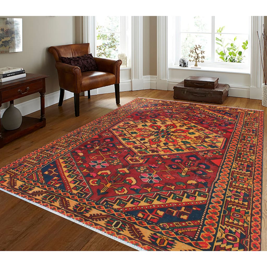 Fine Vintage Distressed Gaylen Burgundy/Gold Rug - 6'4" x 9'6"