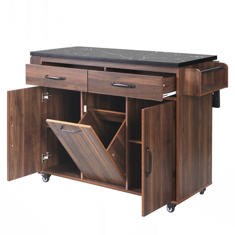 Kitchen Island with Trash Can Storage Cabinet, Kitchen Cart with Drop Leaf, Spice Rack