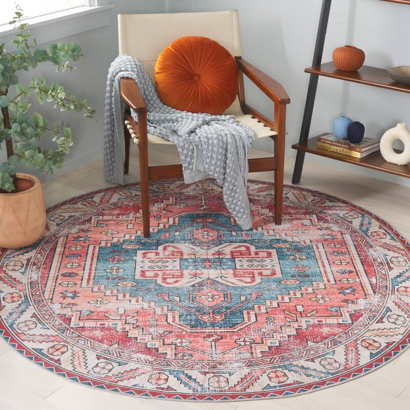 SAFAVIEH Arizona Suzel Machine Washable Slip Resistant Rug - 6' Round - Red/Blue