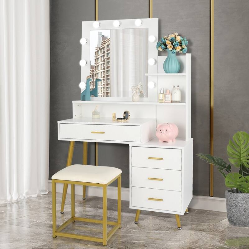 4-Drawer Large Makeup Vanity Set with 9 LED Bulbs