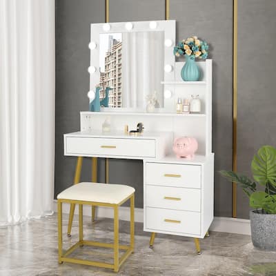 4-Drawer Large Makeup Vanity Set with 9 LED Bulbs