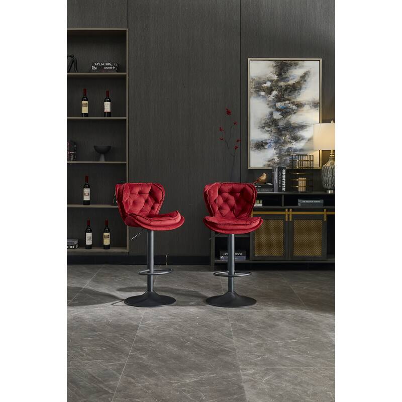 Set Of 2 Bar Stools With Powder Footrest And Base Swivel Height Adjustable Mechanical Lifting Velvet, Powder Leg - Red