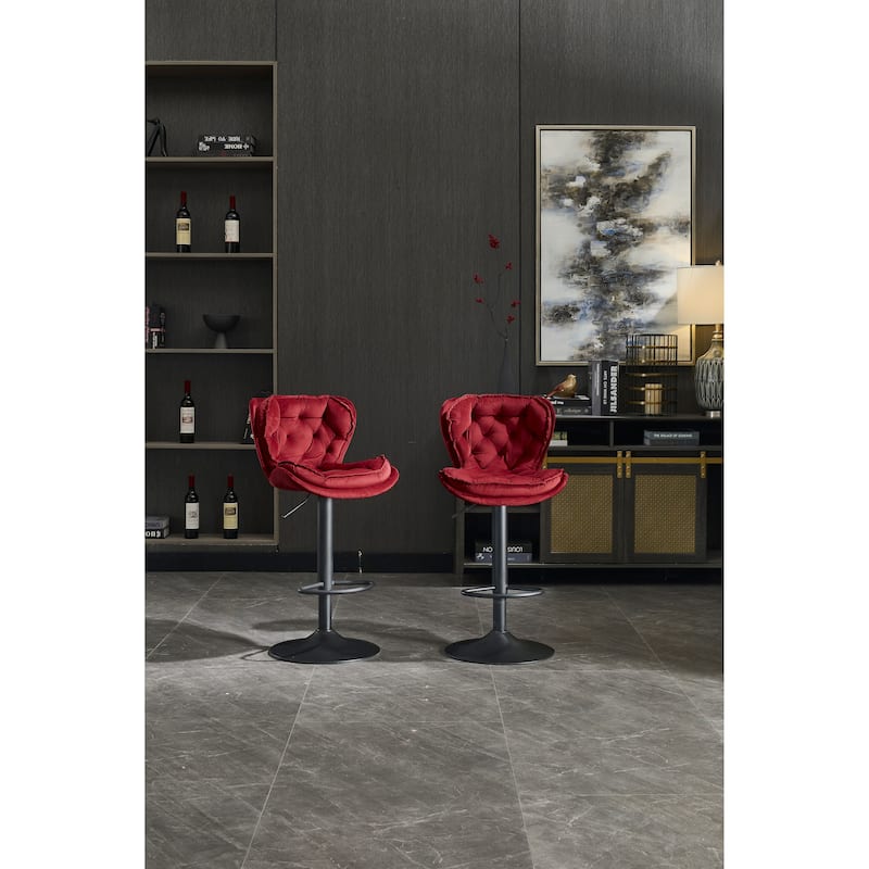 Set of 2 Adjustable Swivel Bar Stools, Red Velvet with Powder-Coated Footrest & Legs