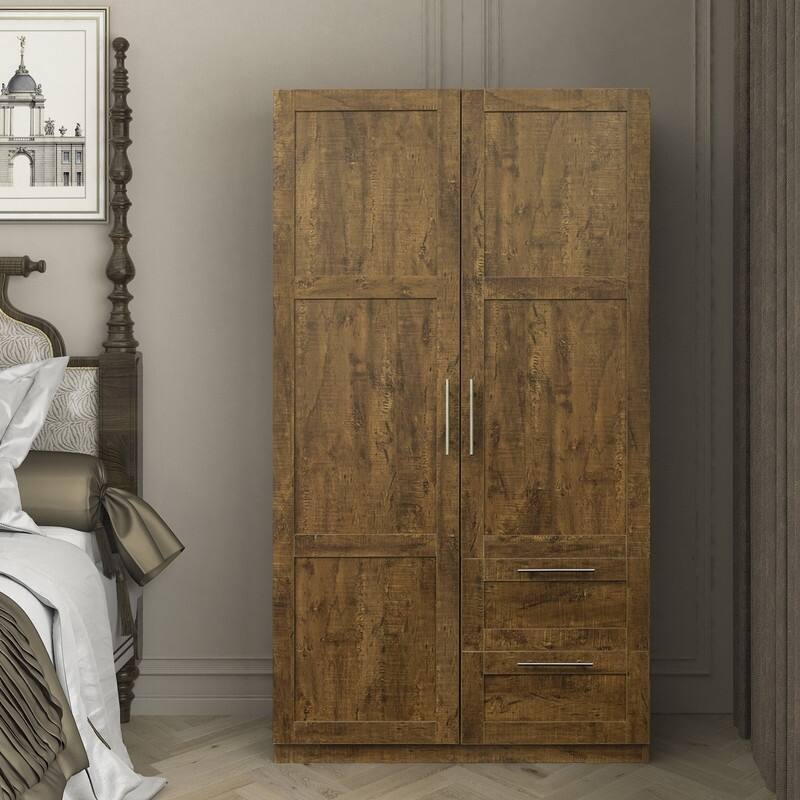 Traditional wooden wardrobe 2 door locker with 2 drawers, adjustable shelves and adult hanging rods, metal handles