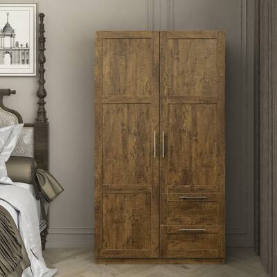 Traditional wooden wardrobe 2 door locker with 2 drawers, adjustable shelves and adult hanging rods, metal handles