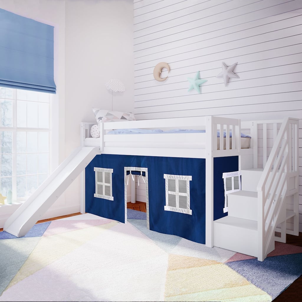 Max and Lily Twin Low Loft with Stairs and Slide with Curtains