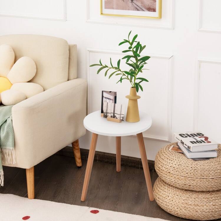 Round White Coffee Table with MDF Top and Pine Wood Legs Modern Minimalist Side Table for Living Room or Office