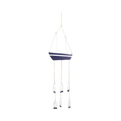 Sagebrook Home's Wooden 39-Inch Sailboat Featuring Hanging Fish in Multicolor, Crafted from Wood and Jute. - 10" x 1" x 39.5"