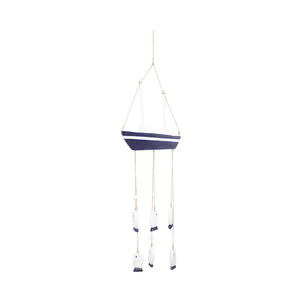 Sagebrook Home's Wooden 39-Inch Sailboat Featuring Hanging Fish in Multicolor, Crafted from Wood and Jute. - 10" x 1" x 39.5"