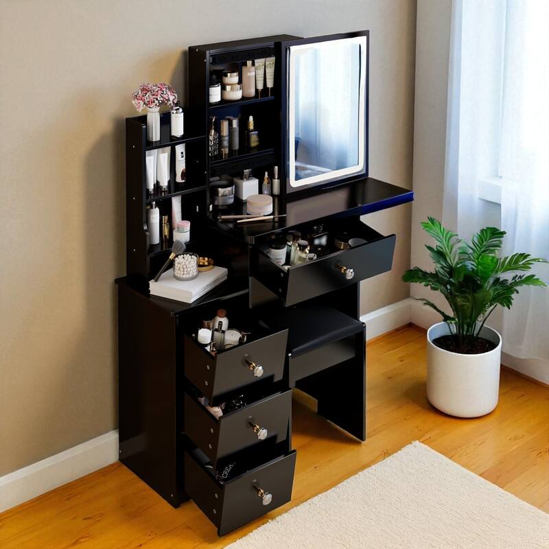 Small Vanity Table with Sliding LED Mirror and Stool, Compact Makeup Desk with Drawer and Storage for Small Spaces