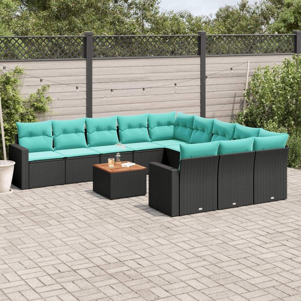vidaXL 12 Piece Patio Sofa Set with Cushions Black Poly Rattan - 24.4 x 24.4 x 27.2 (W x D x H)
